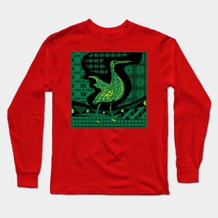 green in jade agami heron bird in ecopop talavera pattern wallpaper of wonder Long Sleeve T-Shirt